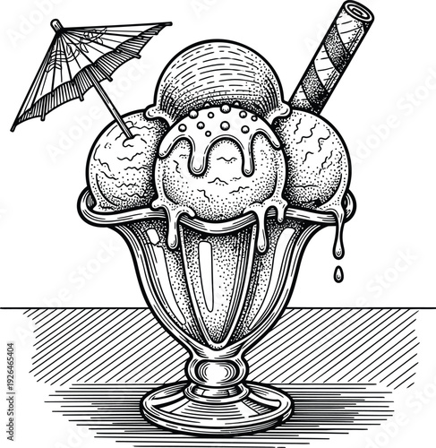 Detailed black and white illustration of an ice cream sundae with toppings