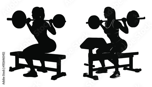 Silhouette of two women weightlifting performing squats with barbell equipment