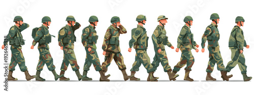 group of military people standing in a line flat style vector illustration isolated on white background