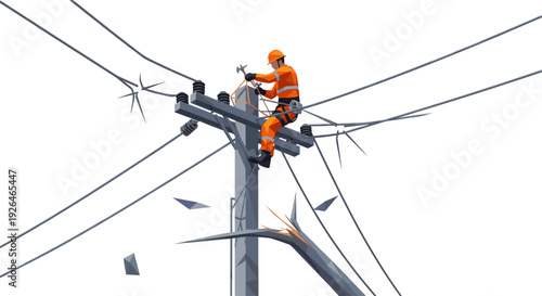 Low poly illustration of a lineman working on a damaged power line after a storm, wearing an orange uniform and helmet, with a hammer in hand, set against a white background.