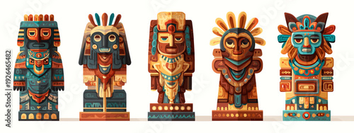set of native american indian totem aztek flat style vector illustration isolated on white background