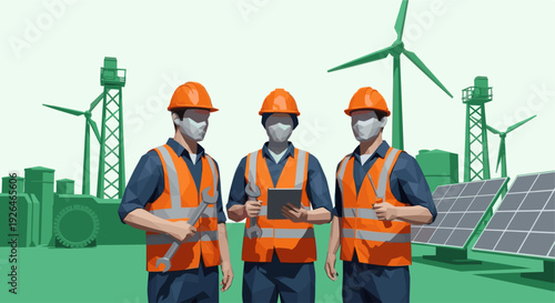 Three engineers wearing hard hats and safety vests inspect wind turbines and solar panels, using a tablet and tools for efficient maintenance in the modern green energy sector.