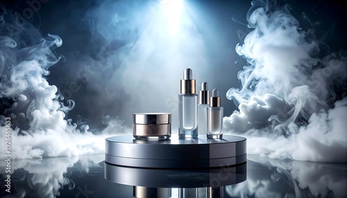 Cosmetics products, glass and gold, on a reflective platform, amidst swirling smoke and bright illumination