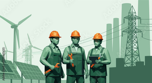 Three engineers in orange hardhats inspect solar panels, wind turbines and power lines. They hold a wrench, spanner and tablet. Green and sustainable energy illustrated.