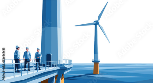 Three engineers in safety gear stand on the platform of an offshore wind turbine, inspecting the structure against a blue sea, showcasing renewable energy infrastructure.