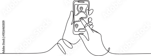 Continuous line design of hand holding mobile phone to search travel route. one line Icon drawing