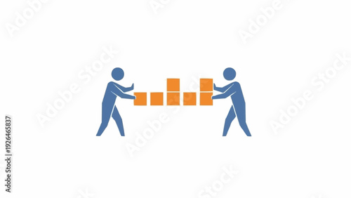 Two people holding orange blocks together.
