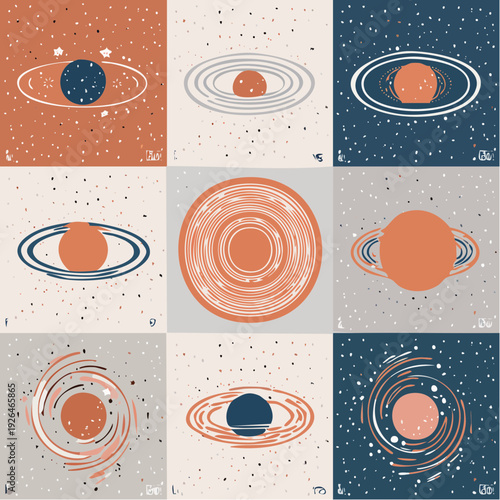 A collection of illustrations featuring various planetary systems and celestial bodies from different viewpoints in space