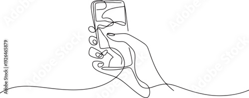 Continuous line design of hand holding mobile phone to search travel route. one line Icon drawing