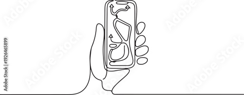 Continuous line design of hand holding mobile phone to search travel route. one line Icon drawing
