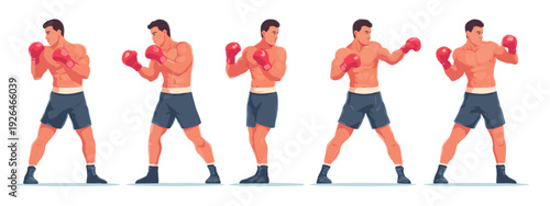 Boxer Punching Sequence Illustration Set Showing Fighting Stances and Jab Motion