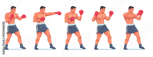 Boxer Punching Sequence Illustration Set Showing Fighting Stances and Jab Motion