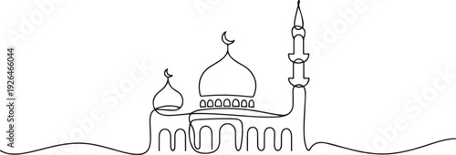 Mosque continuous line design. Islamic architectural design concept. Celebration of Ramadan, Eid al-Fitr Eid al-Adha and Islamic New Year. one line Icon drawing