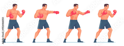 Boxer Punching Sequence Illustration Set Showing Fighting Stances and Jab Motion