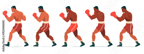 Boxer Punching Sequence Illustration Set Showing Fighting Stances and Jab Motion