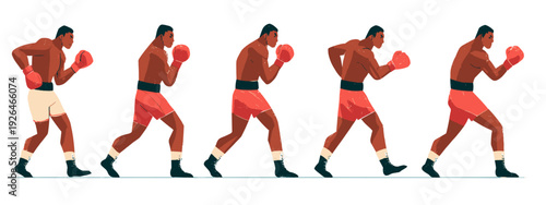 Boxer Punching Sequence Illustration Set Showing Fighting Stances and Jab Motion
