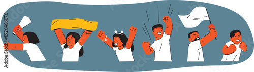 Excited Football Fans Crowd Collection, Diverse Men and Women Supporters with Team Scarves and Accessories.