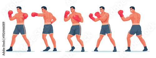 Boxer Punching Sequence Illustration Set Showing Fighting Stances and Jab Motion