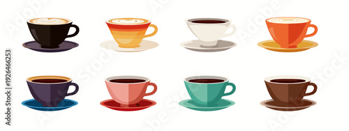 set of colorful cups with tea or coffee flat style vector illustration isolated on white background