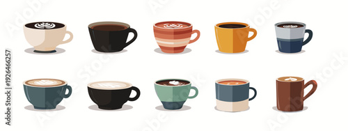 set of colorful cups with tea or coffee flat style vector illustration isolated on white background