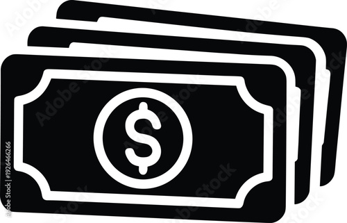 Black stacked dollar banknote icon vector illustration isolated on light background, money cash symbol representing finance, payment, business income, profit and flat design concept