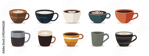 set of colorful cups with tea or coffee flat style vector illustration isolated on white background
