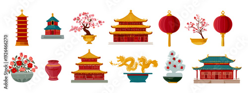 vector illustration of a set of icons in China's style