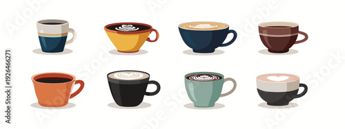 set of colorful cups with tea or coffee flat style vector illustration isolated on white background