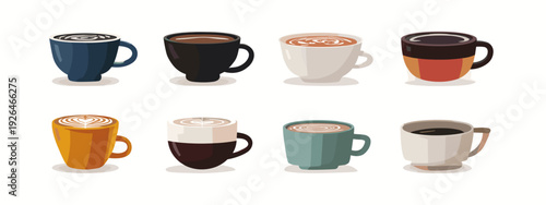 set of colorful cups with tea or coffee flat style vector illustration isolated on white background