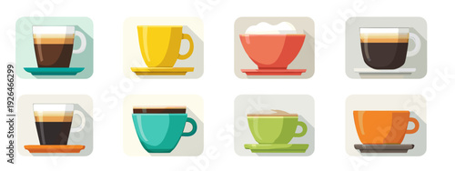 set of colorful cups with tea or coffee flat style vector illustration isolated on white background