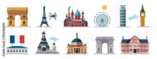 Europe Landmarks Cartoon Icon Set Featuring Famous Global Architecture