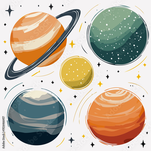 Colorful planets and stars in a vibrant galaxy scene from a distant viewpoint