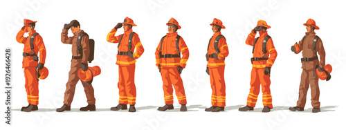 Cartoon firerughter fireman Character Turnaround Set Showing Different Poses and Expressions