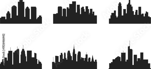 Set of black city skyline silhouettes with skyscraper buildings and urban office towers isolated on white background for architectural design.