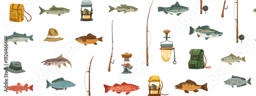 Fishing Gear and Fisherman Clothing Cartoon Icon Set Isolated on White