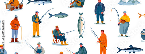Fishing Gear and Fisherman Clothing Cartoon Icon Set Isolated on White