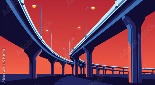 Vector Illustration of a Cartoon-Style Urban Highway Overpass with Pillars, Red-Orange Sky, and Warm Streetlights, Elevated Roadway in a Tranquil Landscape, Bold Color Palette and Empty Lanes