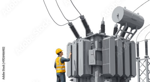 A technician with a yellow hardhat and safety vest inspects high voltage power transformer equipment, with large insulators and conductors against a clean white background.