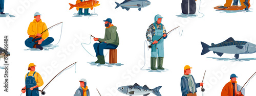 Fishing Gear and Fisherman Clothing Cartoon Icon Set Isolated on White
