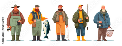 Cartoon Fisherman Character Turnaround Set Showing Different Poses and Expressions