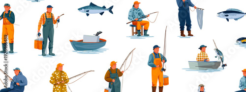 Fishing Gear and Fisherman Clothing Cartoon Icon Set Isolated on White
