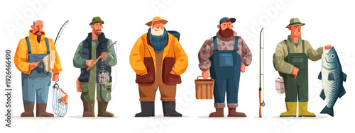 Fishing Gear and Fisherman Clothing Cartoon Icon Set Isolated on White