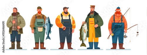 Fishing Gear and Fisherman Clothing Cartoon Icon Set Isolated on White