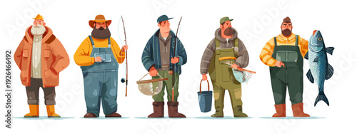 Fishing Gear and Fisherman Clothing Cartoon Icon Set Isolated on White