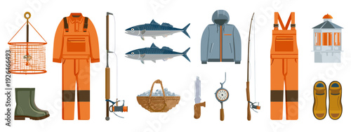 Fishing Gear and Fisherman Clothing Cartoon Icon Set Isolated on White