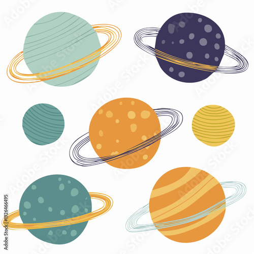 A collection of colorful planets and moons floating in space, depicted through illustrations