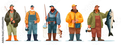 Cartoon Fisherman Character Turnaround Set Showing Different Poses and Expressions
