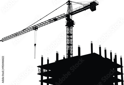 Construction Crane and Building Frame Silhouette - Real Estate Development Vector