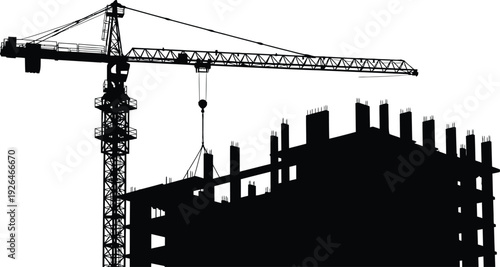 Construction Crane and Building Frame Silhouette - Real Estate Development Vector