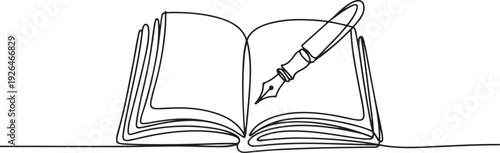 Continuous line design from old book and pen. one line Icon drawing